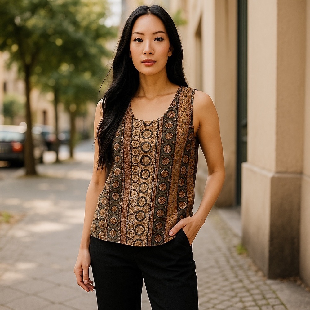 Black, tan & brown pattern Petra Fashions sleeveless blouse. EUC.